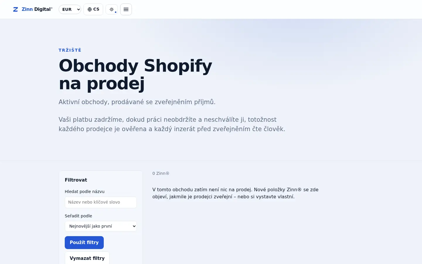 Výloha obchodů Shopify na tržišti Zinn Digital®
