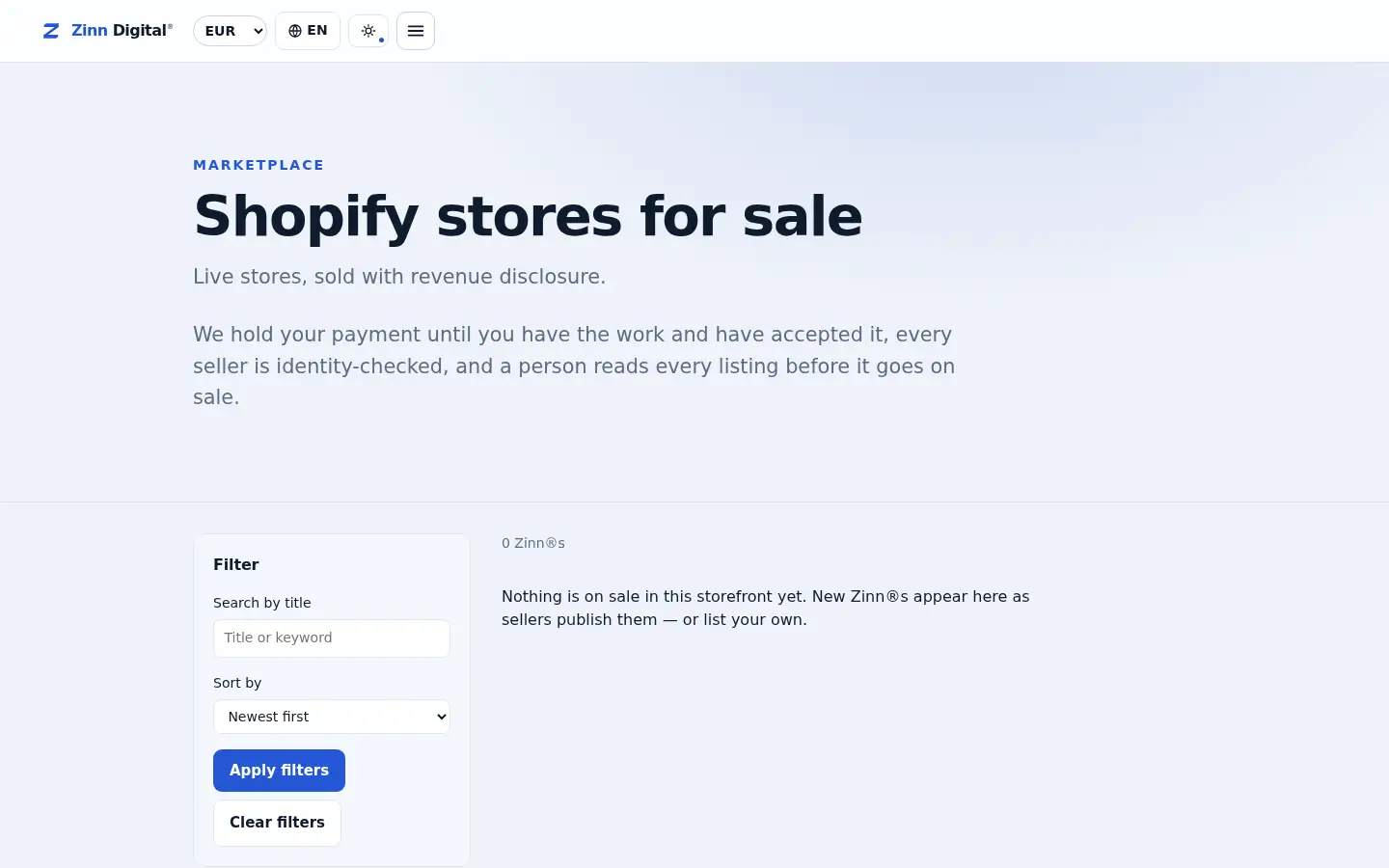 The Shopify stores storefront on the Zinn Digital® marketplace