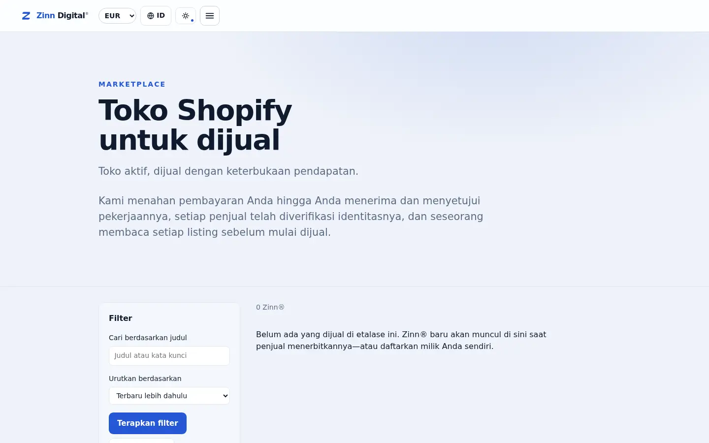 Etalase toko Shopify di marketplace Zinn Digital®