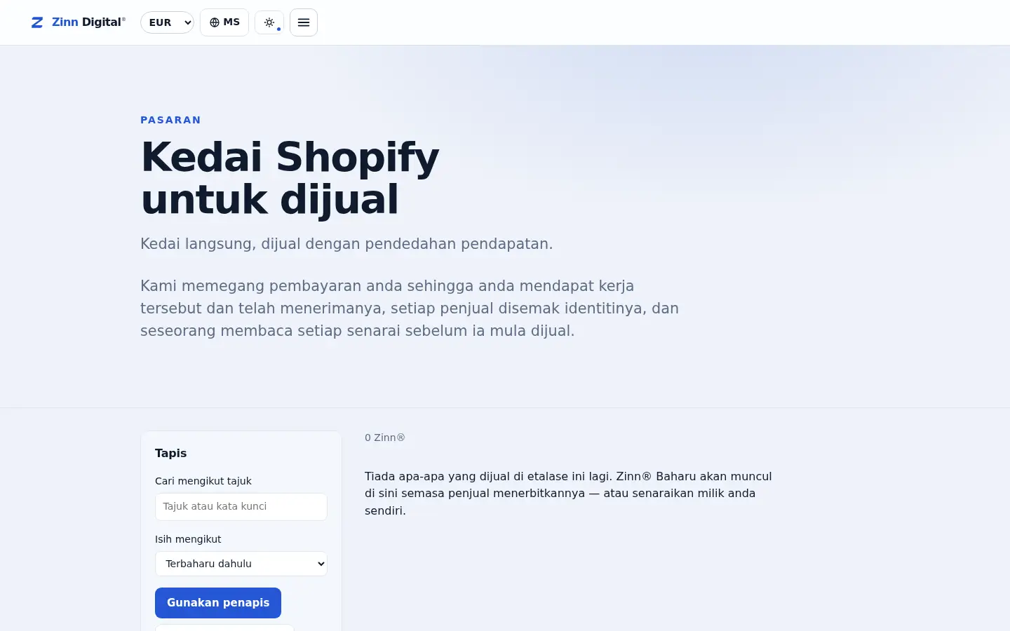 Etalase kedai Shopify di pasaran Zinn Digital®