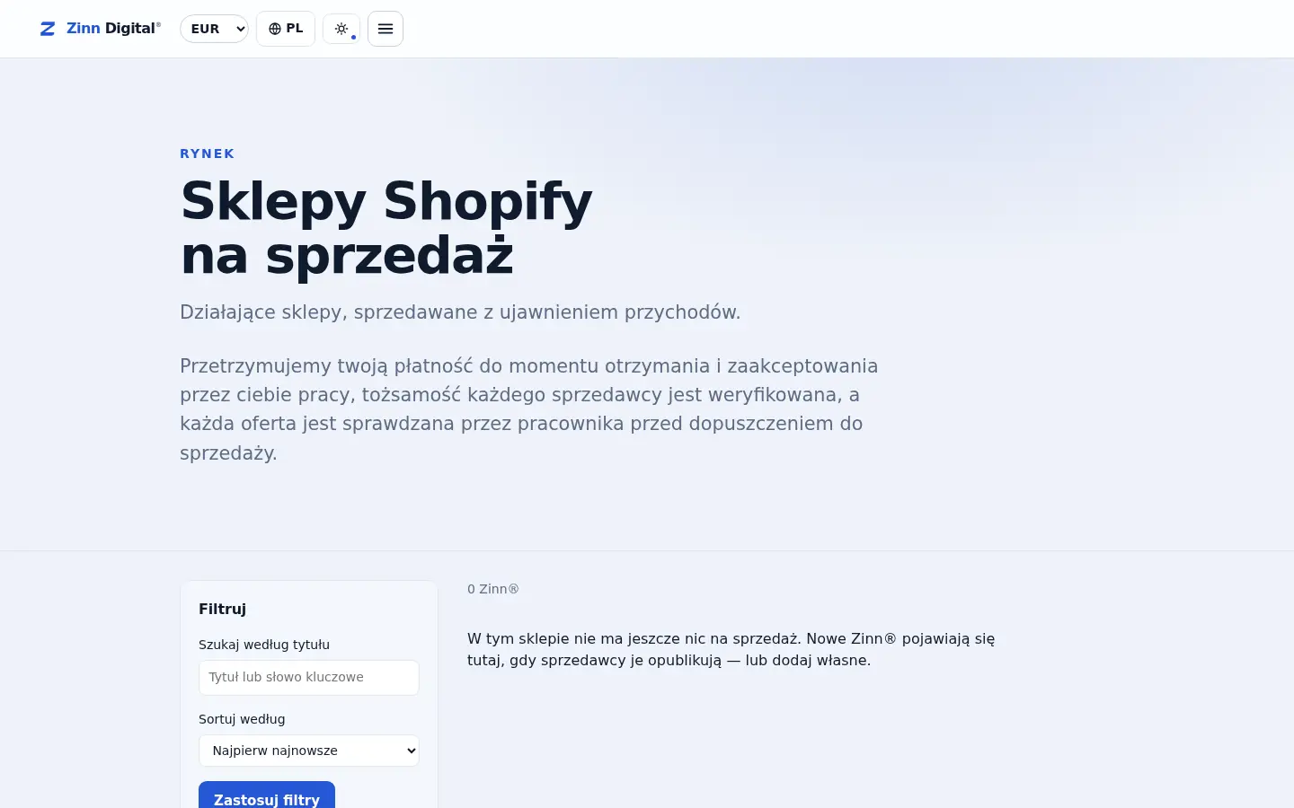Witryna sklepów Shopify na platformie handlowej Zinn Digital®