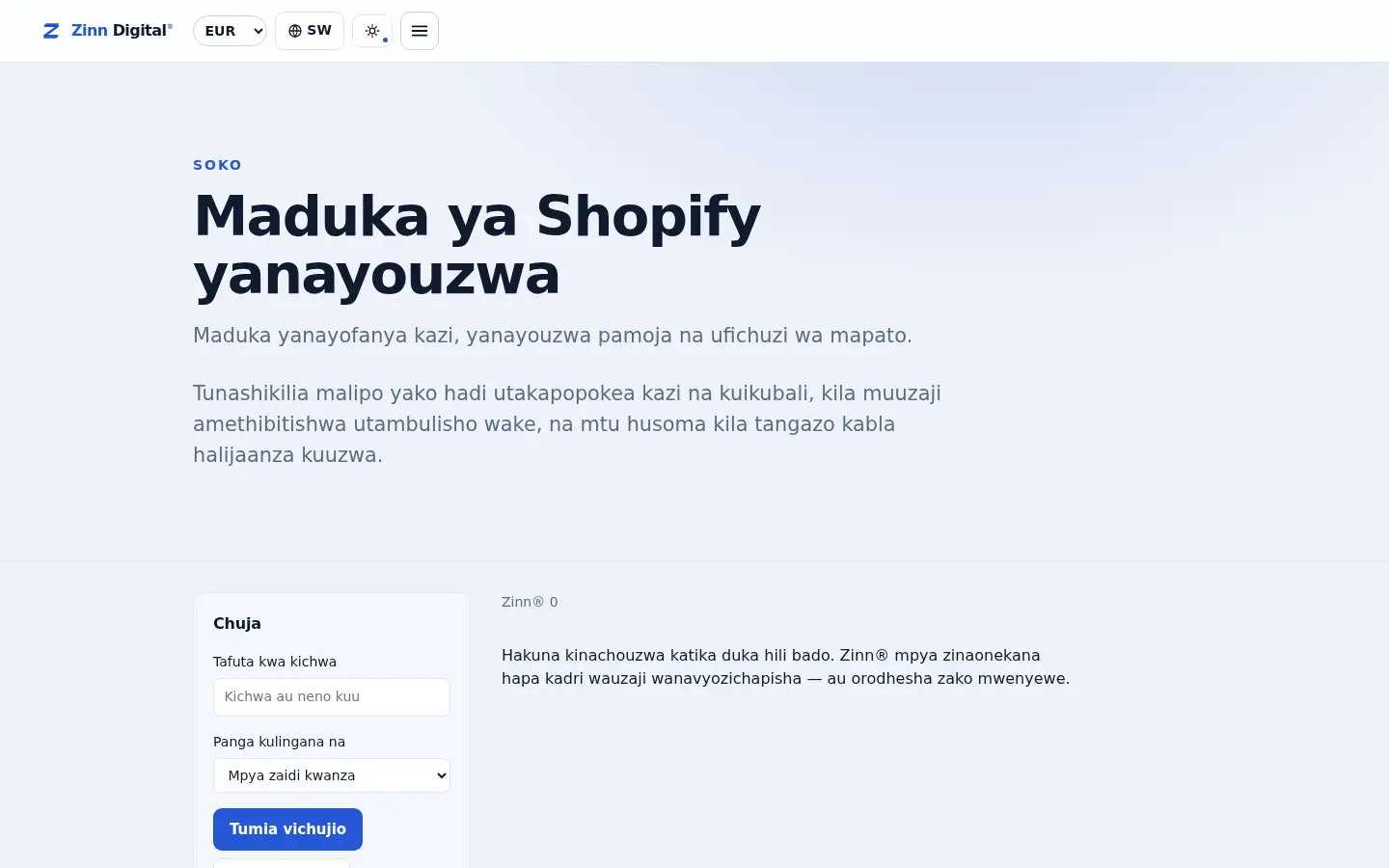 Ukurasa wa maduka ya Shopify kwenye soko la Zinn Digital®