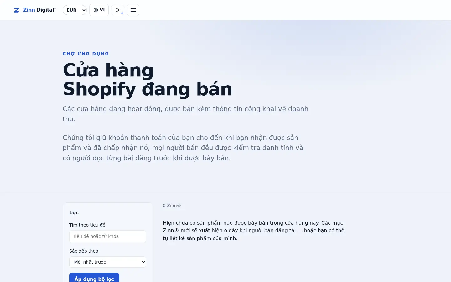 Mặt tiền cửa hàng của các cửa hàng Shopify trên thị trường Zinn Digital®