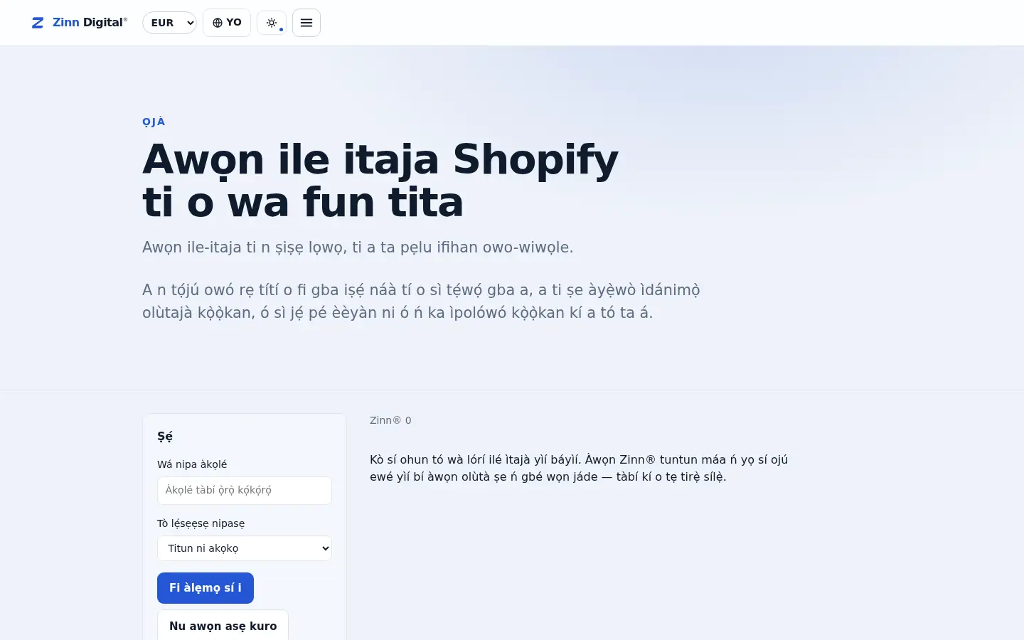 Oju-itaja ti awọn ile-itaja Shopify lori ibi-ọja Zinn Digital®
